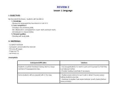 Giáo án Tiếng Anh Lớp 10 (Global review) - Review 2 - Năm học 2022-2023